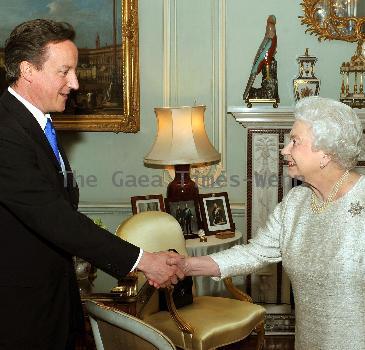 Queen Elizabeth II greets Gordon Brown at Buckingham Palace in an audience in which he tendered his resignation as Prime Minister following last week's General Election 
London, England.