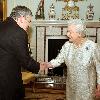 Queen Elizabeth II greets Gordon Brown at Buckingham Palace in an audience in which he tendered his resignation as Prime Minister following last week's General Election 
London, England.