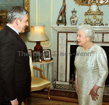 Queen Elizabeth II greets Gordon Brown at Buckingham Palace in an audience in which he tendered his resignation as Prime Minister following last week's General Election 
London, England.