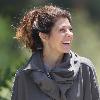 Marisa Tomei, wearing no makeup and sporting a rather noticeable love bite on her neck, walking with a friend in Hollywood. Los Angeles.