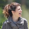 Marisa Tomei, wearing no makeup and sporting a rather noticeable love bite on her neck, walking with a friend in Hollywood. Los Angeles.