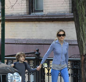 Sarah Jessica Parker walking her son James Wilkie Broderick to school New York City.