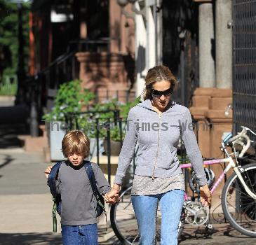 Sarah Jessica Parker walking her son James Wilkie Broderick to school New York City.