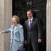 Margaret Thatcher, David Cameron Former British Conservative Prime Minster  Baroness Thatcher being greeted, on the door step of 10 Downing Street in London, by the current UK Prime Minister David Cameron. London.