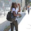 English  television presenter June Sarpong, wearing leather leggings, out and about in West Hollywood Los Angeles.