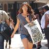 Jamie-Lynn Sigler, wearing cutoff denim shorts, shopping at Barnes & Noble at the Grove Los Angeles.