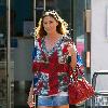 Lisa Snowdon leaves the Capital FM studios wearing a Union Jack top London.