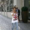 Amelle Berrabahoutside her hotel in central London wearing a Union Jack print top London.