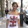 Amelle Berrabahoutside her hotel in central London wearing a Union Jack print top London.