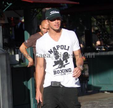 Adam Senn walks his dog whilst shopping at The Grove with a friend Los Angeles.