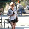 Renee Zellweger goes for a stroll down Montana Street in her jogging gear and with a purple bandage on her left shin Santa Monica.