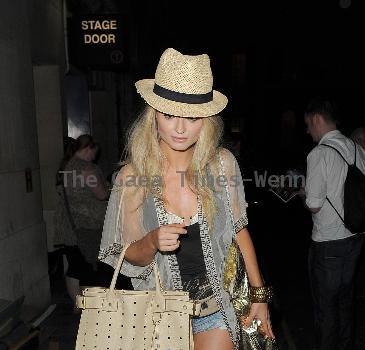 Former Hollyoaks star Emma Rigby leaves the Trafalgar Studios, having performed in the musical 'Wolfboy', in which she plays the part of a nurse. London.