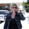 Jane Lynch leaves Kings Road Cafe in very loose track pants Los Angeles.