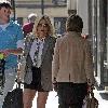 Geri Halliwell with Bluebell Madonna after lunch at a restaurant. Geri sporting a grey blazer, shirt and tie, shorts and boots, as she strolls about with her daughter in central London. London.