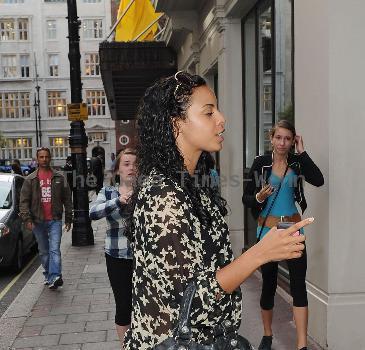 Rochelle Wiseman of The Saturdays outside the May Fair hotel London.