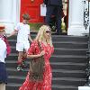 Claudia Schiffer 
looking fantastic in a summer dress, after dropping her children off at school. The supermodel has shifted the baby weight after delivering her third child in May.
London, England.