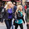 Camille Grammer and Adrienne Maloof filming an interview for the entertainment television news programme �Extra� at The Grove in Hollywood Los Angeles.