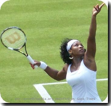 Serena Williams serves on Court 1 during her first round match against Kaia Kanepi of Estonia at Wimbledon 2008