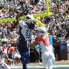 Arizona Cardinals wide receiver Larry Fitzgerald catches a touchdown pass from New Orleans Saints quarterback Drew Brees during the fourth quarter of the National Football League Pro Bowl Feb. 8, 2009, at Aloha Sta