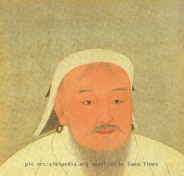 Taizu, better known as Genghis Khan. Portrait cropped out of a page from an album depicting several Yuan emperors (Yuandai di banshenxiang), now located in the National Palace Museum in Taipei (inv. nr. zhonghua