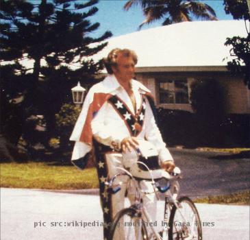 This is daredevil <a href"target"evel">Evel Knievel</a> photographed in front of his house in Ft. Lauderdale, Florida, circa 197?,  by Bill Wolf.