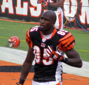 Photograph of Chad Ocho Cinco during warm-ups before the opening game versus the Ravens on 9/10/07. Taken by myself from the stands.