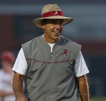 Cropped photograph of Alabama head football coach Nick Saban at a practice in the fall of 2009.