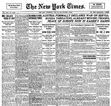 Front page of The New York Times July 29, 1914. Headline, "AUSTRIA FORMALLY DECLARES WAR ON SERVIA" announces the beginning of World War I