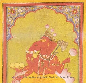 Ganesha getting ready to throw his lotus. Basohli miniature, circa 1730. National Museum, New Delhi.