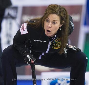 Skip Cheryl Bernard screams while playing against Team McCarville during the 2009 Canadian Olympic Curling Trials in Edmonton on Sunday, Dec. 6, 2009. THE CANADIAN PRESS/Nathan Denette