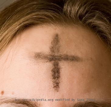 Ashes imposed on the forehead of a Christian on Ash Wednesday.