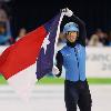 Jordan Malone of the United States celebrates the bronze medal in the Men