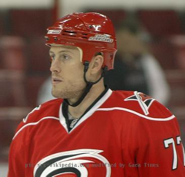 Joe Corvo of the Carolina Hurricanes skates during warmups in a game against the Buffalo Sabres on April 9, 2009