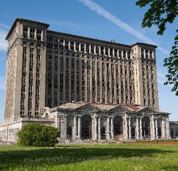 The abandoned Michigan Central Train station, as seen from Roosevelt Park.