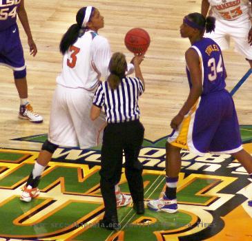 Opening tipoff of the national semifinals between the University of Tennessee vs. Louisiana State University of the 2008 NCAA Women