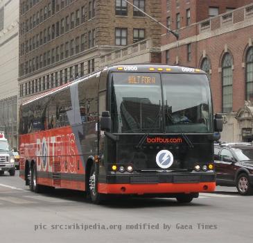 BoltBus #0800 in New York City on the West Side of Manhattan.