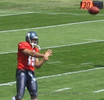 Seattle Seahawk 2nd QB, Seneca Wallace, throws in training camp.