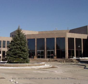 Entrance of City Hall, 400 South Eagle Street, Naperville, Illinois, USA.