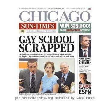 Front Page of the Chicago Sun Times Tabloid style