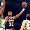 Los Angeles Lakers Kareem Abdul-Jabbar with Boston Celtics Robert Parish and Kevin McHale  late 1980s