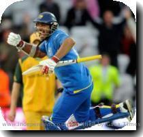 Email REUTERS Kumar Sangakkara leaps for joy after his unbeaten innings of 55 helped to knock Australia out of the World