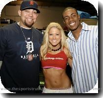 On the left  we see Granderson getting cozy with Layla El  On the right  teammate Joel Zumaya and Granderson both pose with Kelly Kelly  One can only wonder if Ivan Rodriguez and ALCS MVP