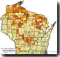 Ecological Landscape Maps || Ecological Landscapes 2000 Percent Unemployment in Wisconsin Block group data  from the US Census Bureau  is based on sampled data from the 2000 decennial census  The SF3 data is distributed by the Office of Land Information