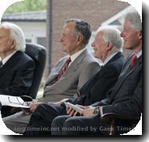 Former presidents  from right  Bill Clinton  Jimmy Carter and George H W  Bush  look on with Rev  Billy Graham  left  during a dedication for the Billy Graham Library in Charlotte