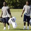 Rams running back Marshall Faulk  left  and the team s first round draft choice  Steven Jackson  leave the field following a discussion between the two after the Rams  evening practice session