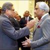 External Affairs Minister S M Krishna talks with Pakistan High Commissioner to India Shahid Malik during an informal dinner