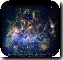 The Eternal Life of Stardust Portrayed in New NASA Image Spitzer s infrared view of the Large Magellanic Cloud  The blue color  seen most prominently in the central bar  represents starlight from older stars  The chaotic  bright