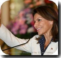 <p>Costa Rica s President elect Laura Chinchilla  center  waves to supporters during a visit to the Basilica Virgin de Los Angeles in Cartago  Costa Rica  Monday  Feb  8  2010  Costa Ricans elected their first woman president as the ruling party candidate won in a landslide after campaigning to continue free market policies in Central America s most stable nation  < p>