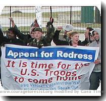 packet  and was pulled off the deployment roster in January  His paperwork made its way through the chain of command  By every indication  Train was on his way to getting out of the Army  Pvt Train  center  holds  Appeal  banner on stage at Pentagon rally 3 17 07  Photo  Jeff Paterson   Courage to Resist By this time  Train had signed the Appeal for Redress  an online