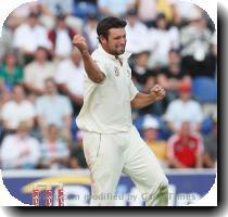 Ben Hilfenhaus of Australia celebrates the wicket of Paul Collingwood of England during the1st Ashes Test Match between England and Australia at the Swalec Stadium